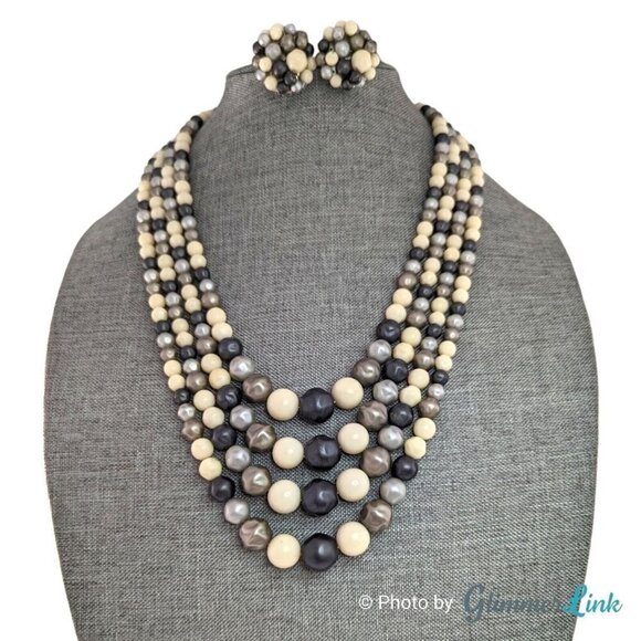 Vintage 50s Japan 4 Strand Gray & White Necklace Cluster Clip On Earrings - Picture 3 of 13